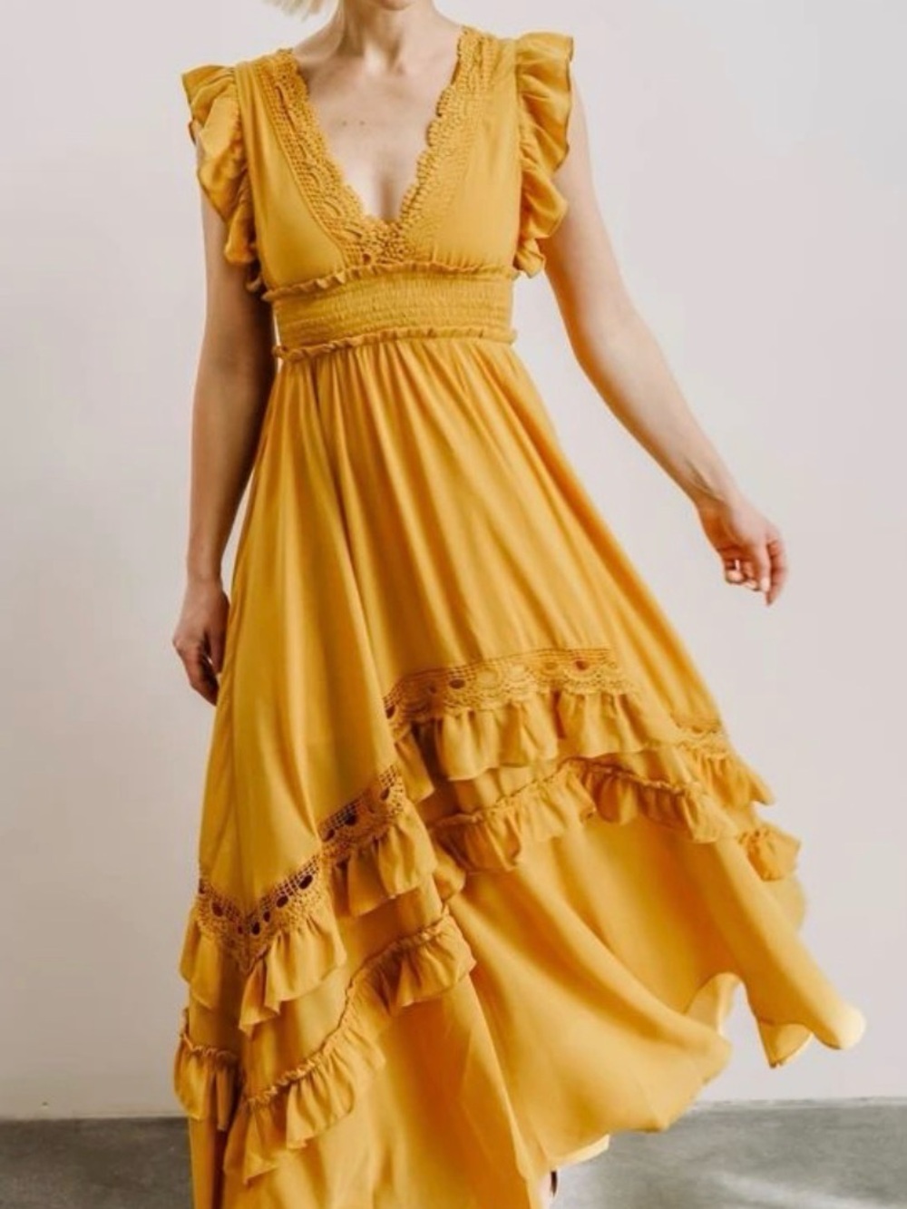 Yellow/gold floor length dress with ruffles, v-neck